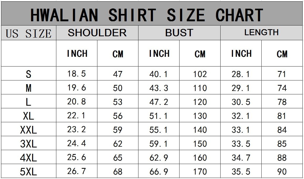 Size chart for custom blue tropical linen shirt showing shoulder bust and length measurements in inches and centimeters