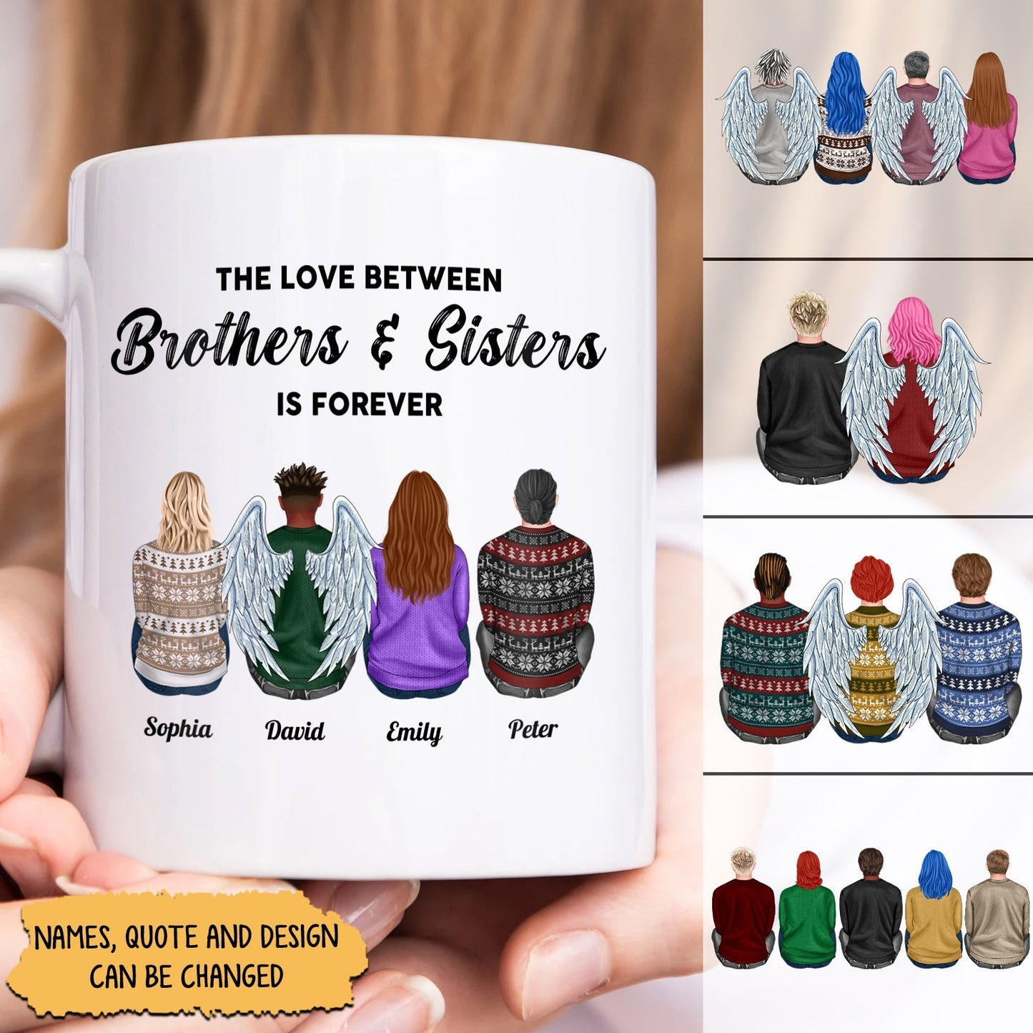 White mug featuring a custom brother and sister gift with personalized names and illustrated siblings wearing winter sweaters