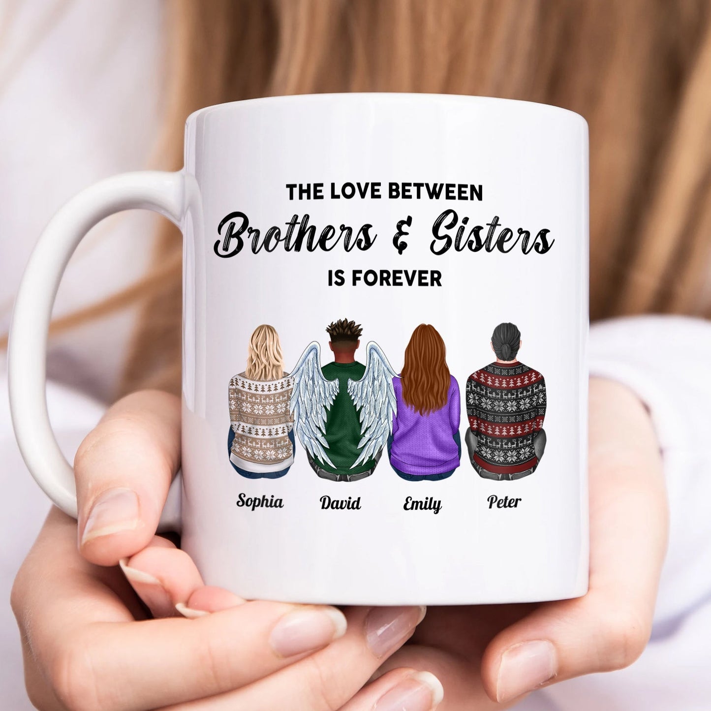 White mug with custom brother and sister gift design showing four people from behind and names Sophia David Emily Peter