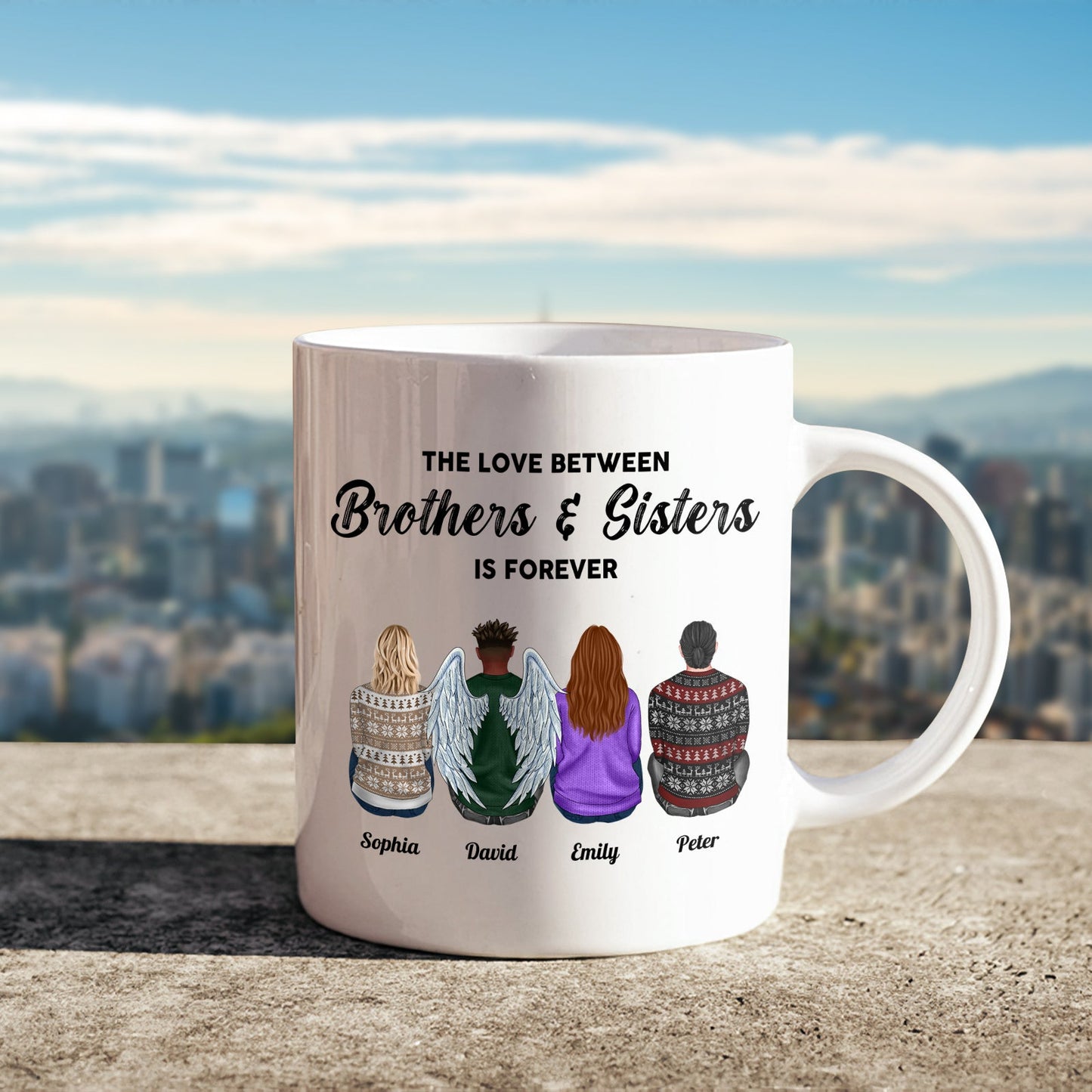 White mug with custom brother and sister gift design showing four people and love message