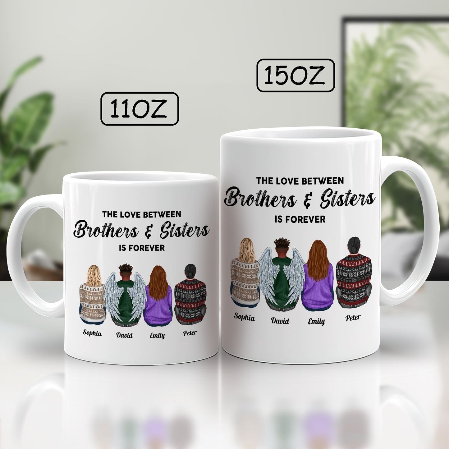 Custom brother and sister gift 11oz and 15oz white mugs with illustrated siblings and names