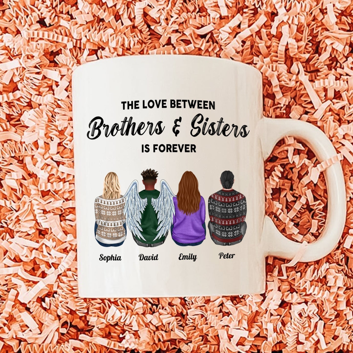 Custom brother and sister gift white mug with family illustration and names Sophia David Emily Peter