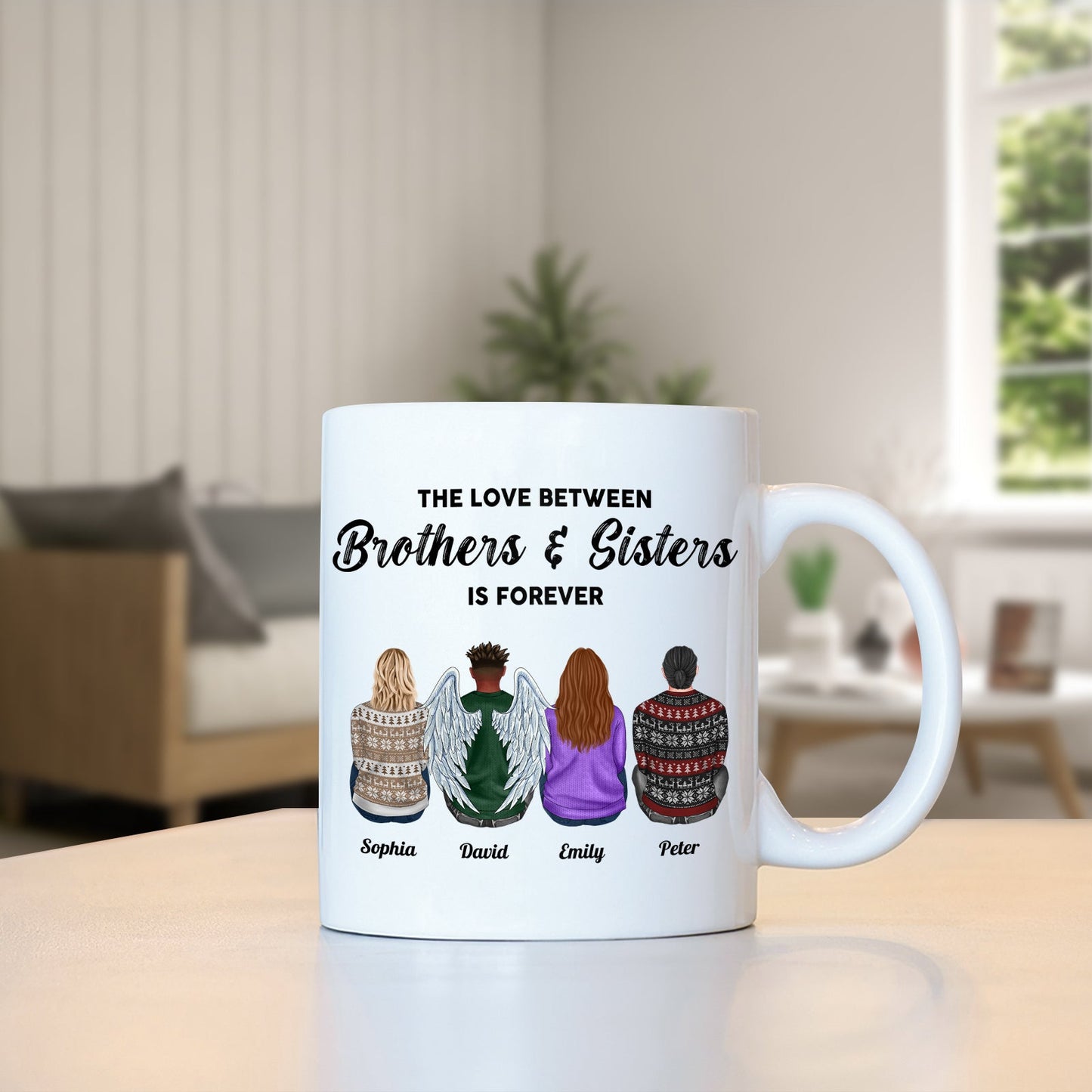 White mug featuring custom brother and sister gift design with four people and heartfelt message