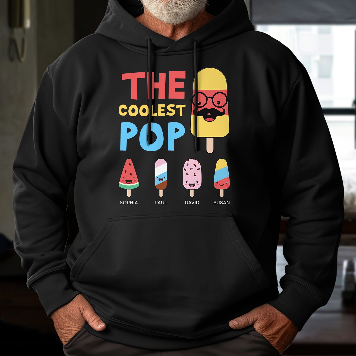 Black custom coolest pop t-shirt hoodie featuring colorful ice pop characters with names Sophia Paul David Susan