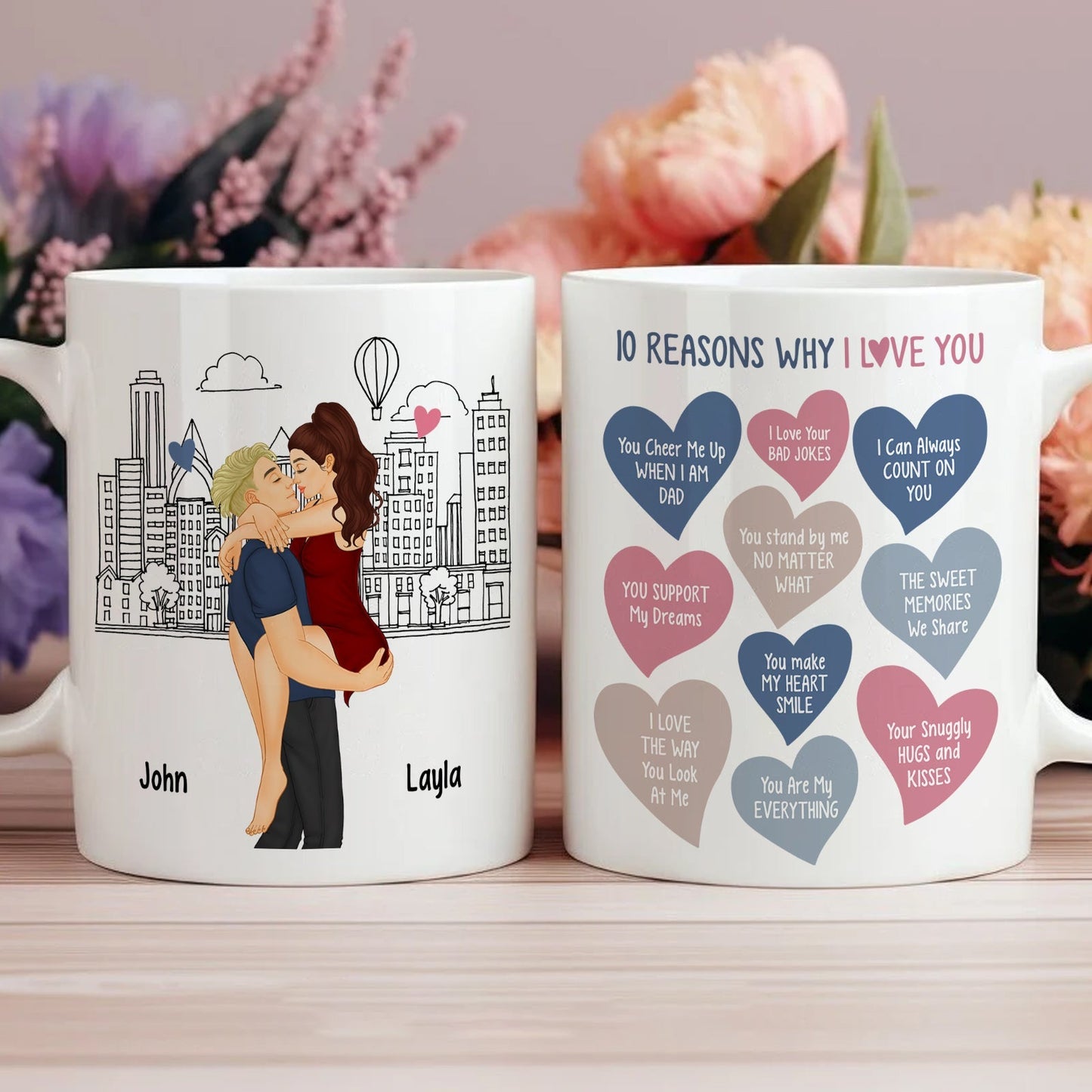 365Gifty personalized couple mug with 10 reasons why I love you gift featuring romantic hearts and custom names
