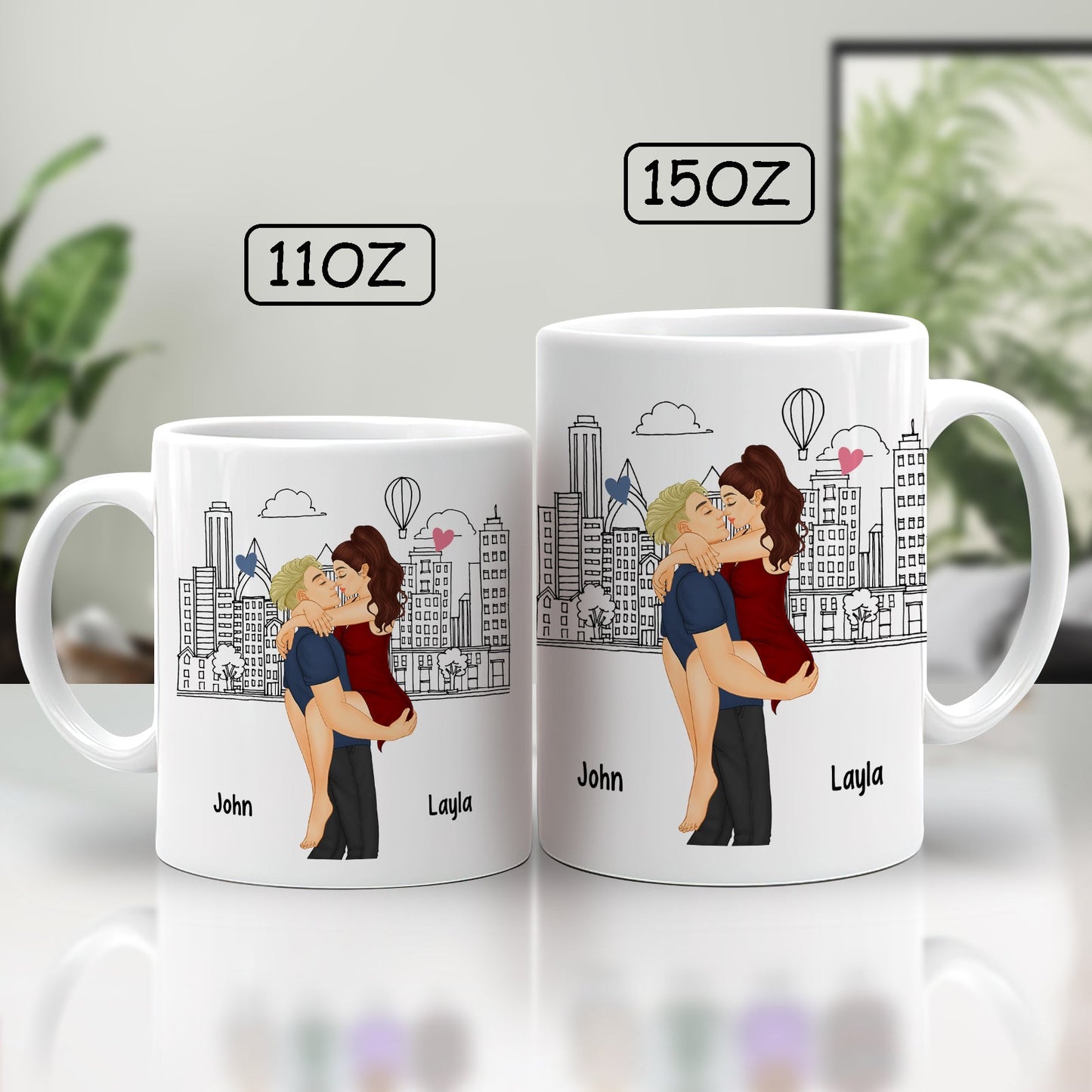 Personalized 10 reasons why I love you gift mugs with couple illustration and city skyline available in 11oz and 15oz