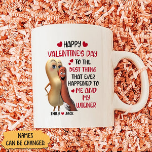 Custom couple ceramic mug gift featuring fun Valentine's Day design with changeable names Emily and Jack