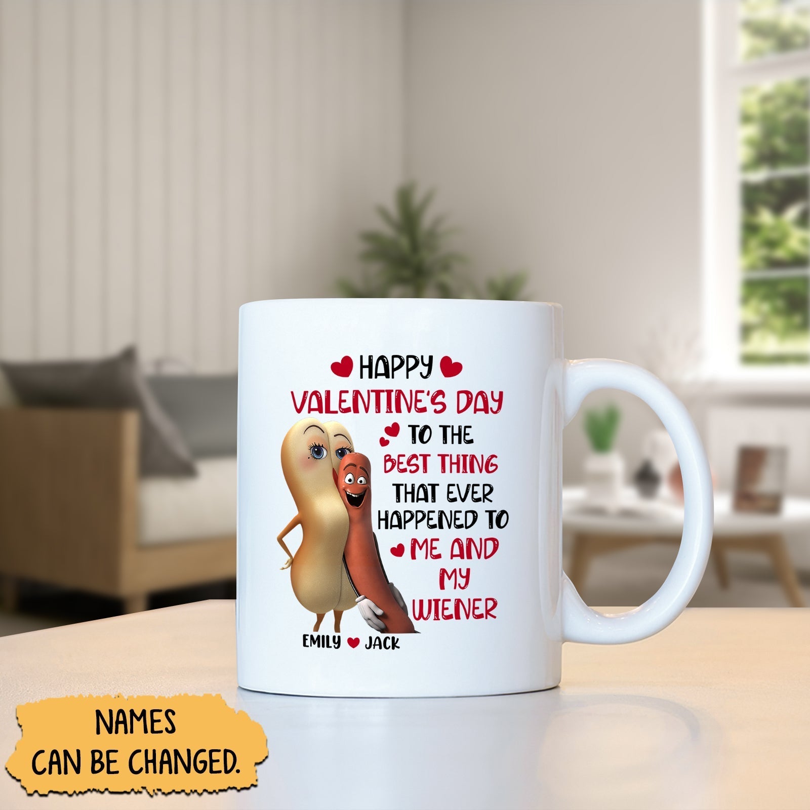 Custom couple ceramic mug gift featuring funny characters and Valentine's Day message for couples
