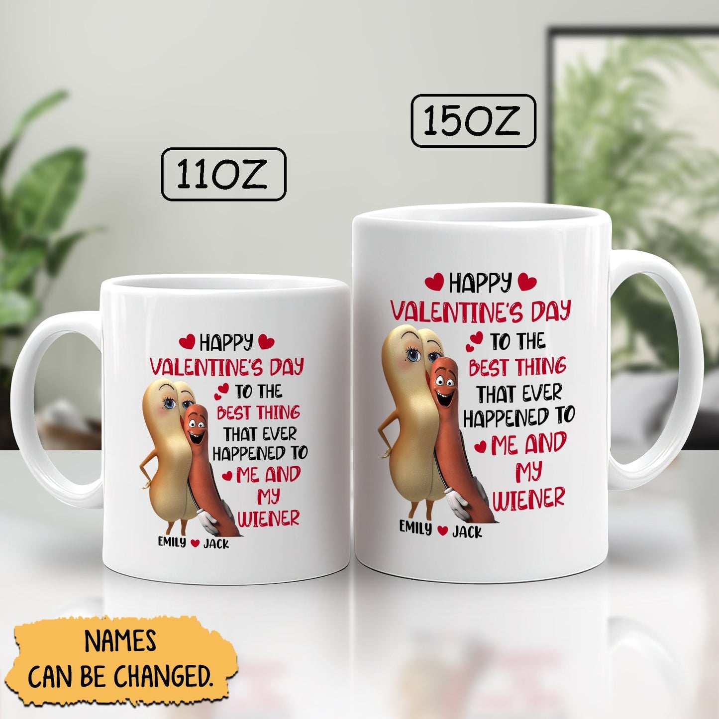 Custom couple ceramic mug gift featuring a fun Valentine's Day design with names that can be changed