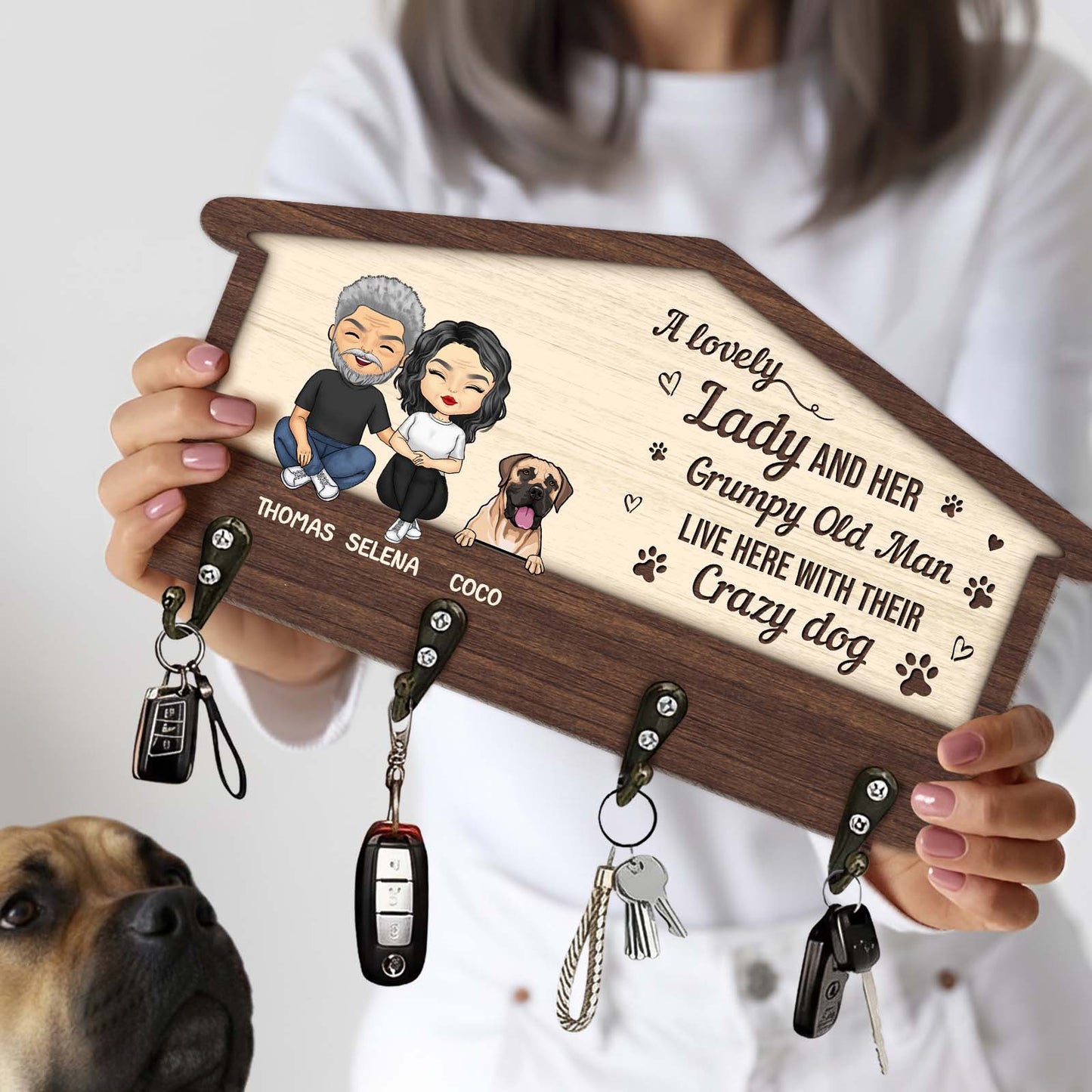 Custom couple key holder with cute design and hooks for keys, perfect for couples and pet lovers