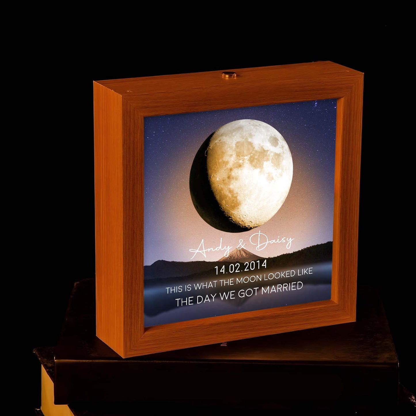 Custom couple lamp box gift featuring a romantic moonlit design with personalized names and wedding date