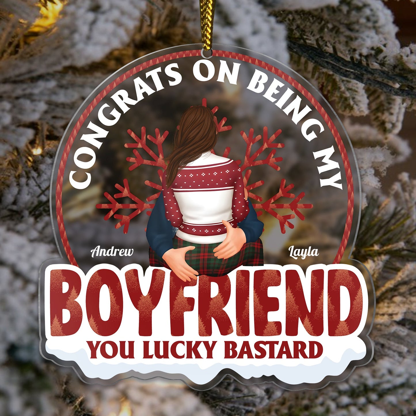 365Gifty custom couple ornament with Congrats on Being My Boyfriend design and personalized names Andrew and Layla