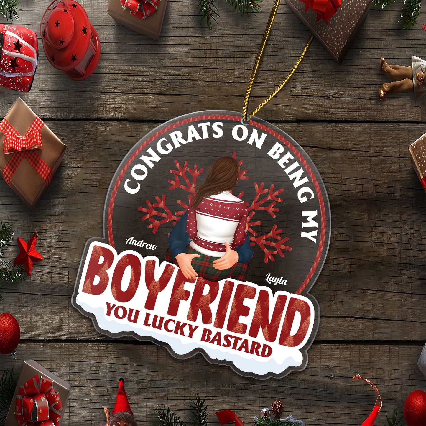 365Gifty custom couple ornament with Congrats on being my boyfriend message and festive Christmas design
