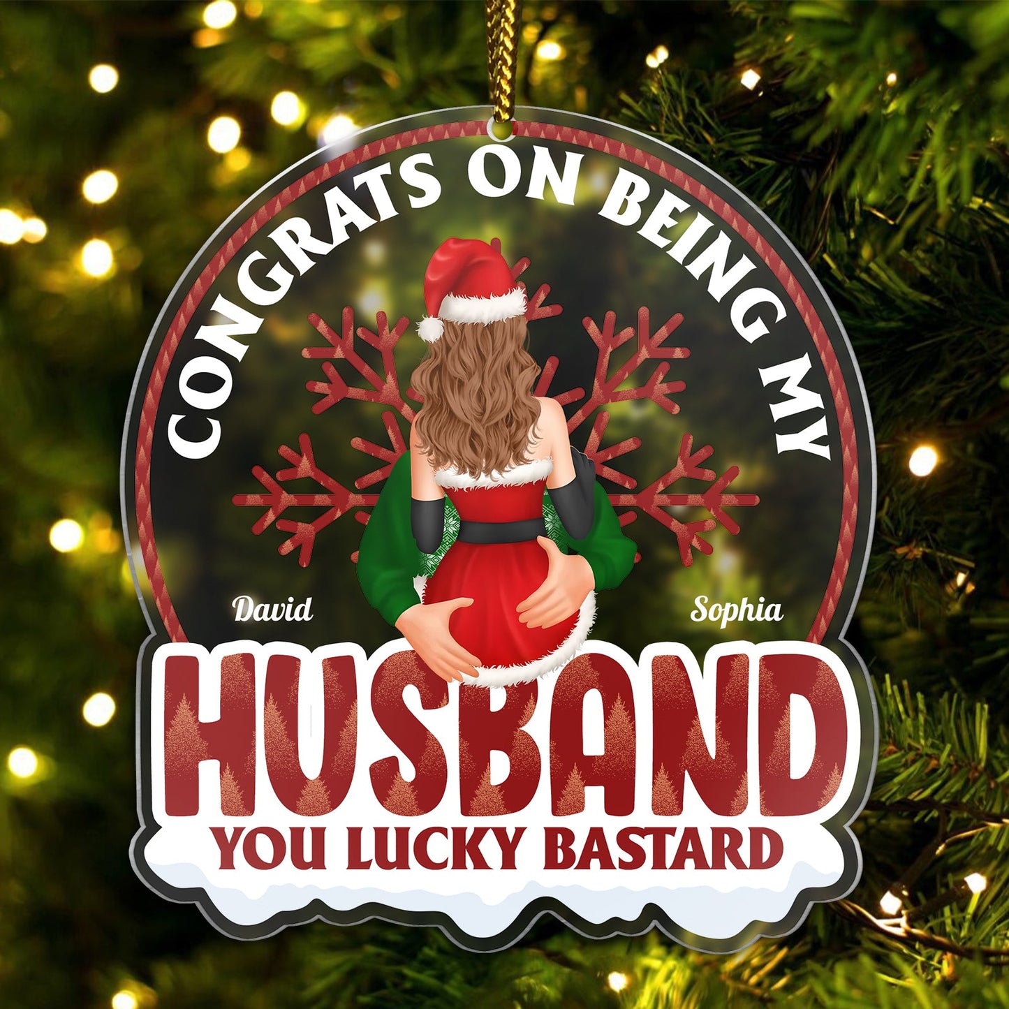 365Gifty custom couple ornament with Congrats on Being My Husband message in festive Christmas design