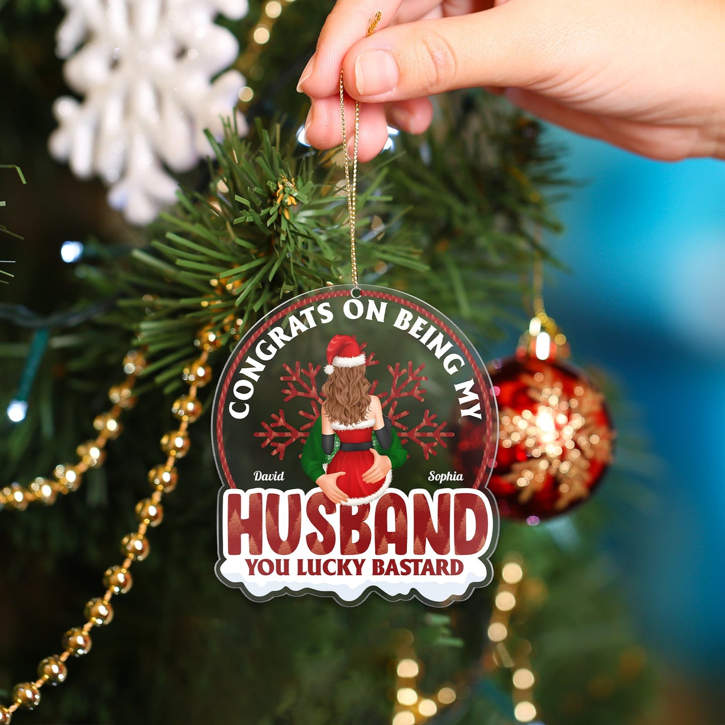 365Gifty custom couple ornament hanging on Christmas tree with husband themed holiday design