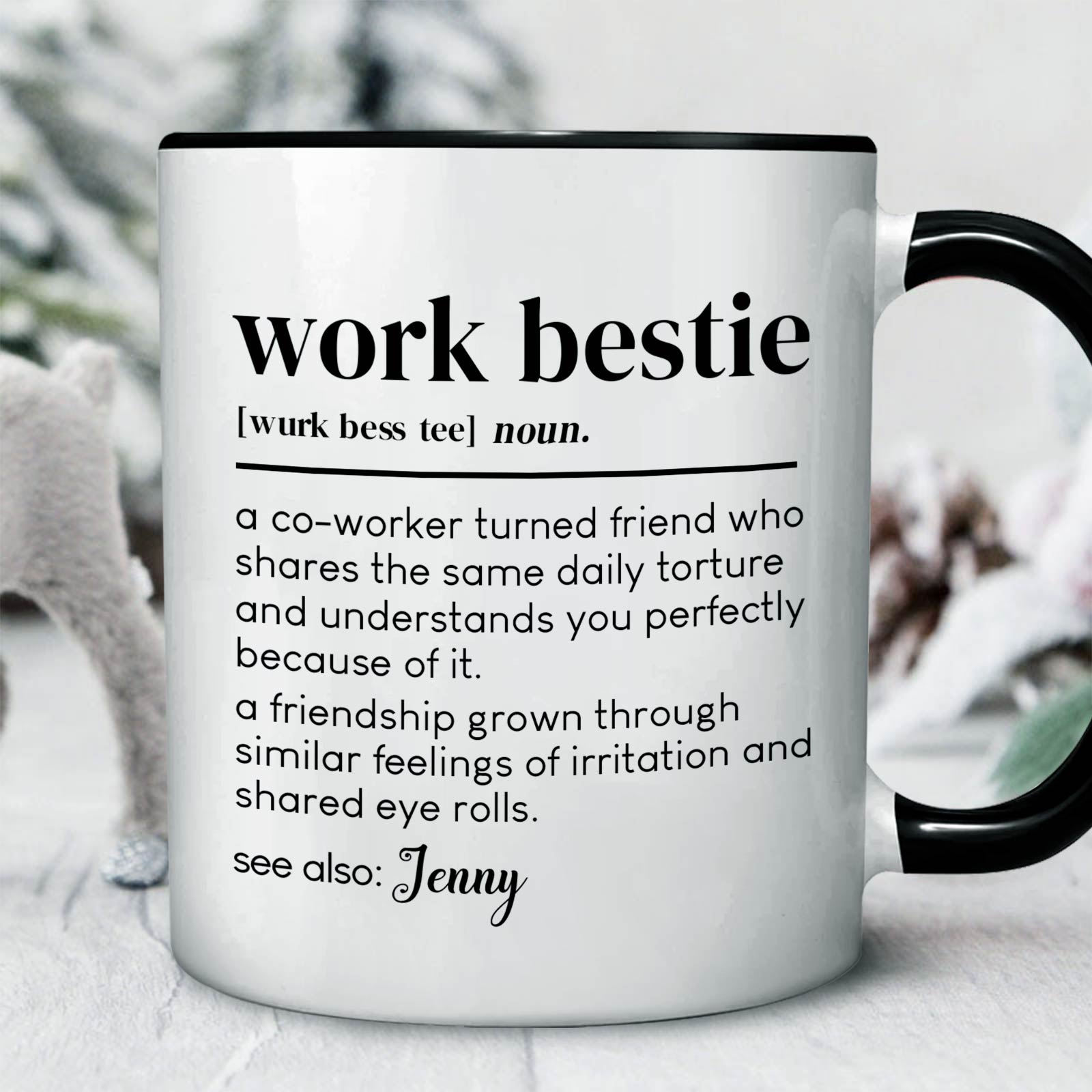 Custom coworker gift mug featuring a playful definition of work bestie for friends at the office