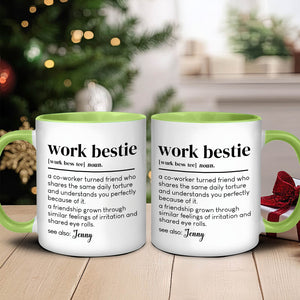 Custom coworker gift mug featuring a fun definition of work bestie for office friendships