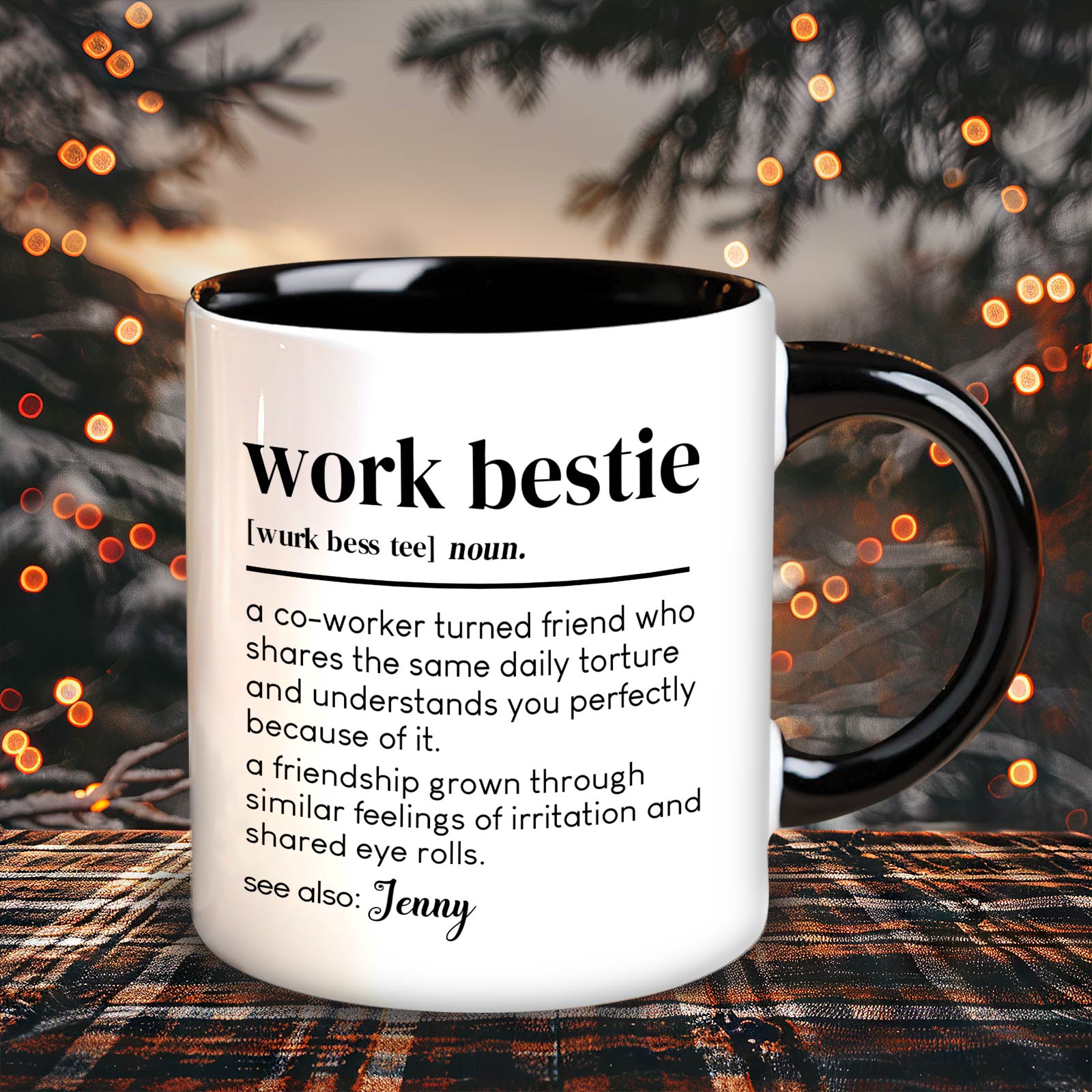Custom coworker gift mug with playful definition of work bestie for coffee lovers
