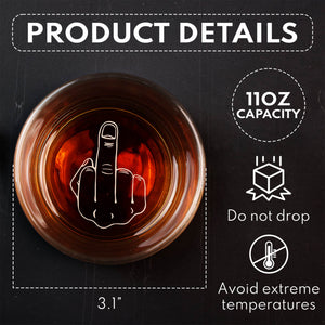 Top view of 11oz Personalized Whiskey Glass with middle finger engraving over amber whiskey and product details