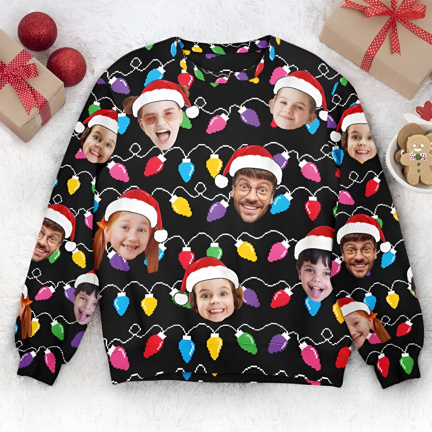 Black custom face christmas sweater with colorful Christmas lights and multiple faces wearing Santa hats