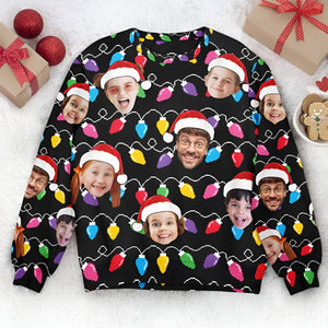 Black custom face christmas sweater with colorful Christmas lights and multiple faces wearing Santa hats