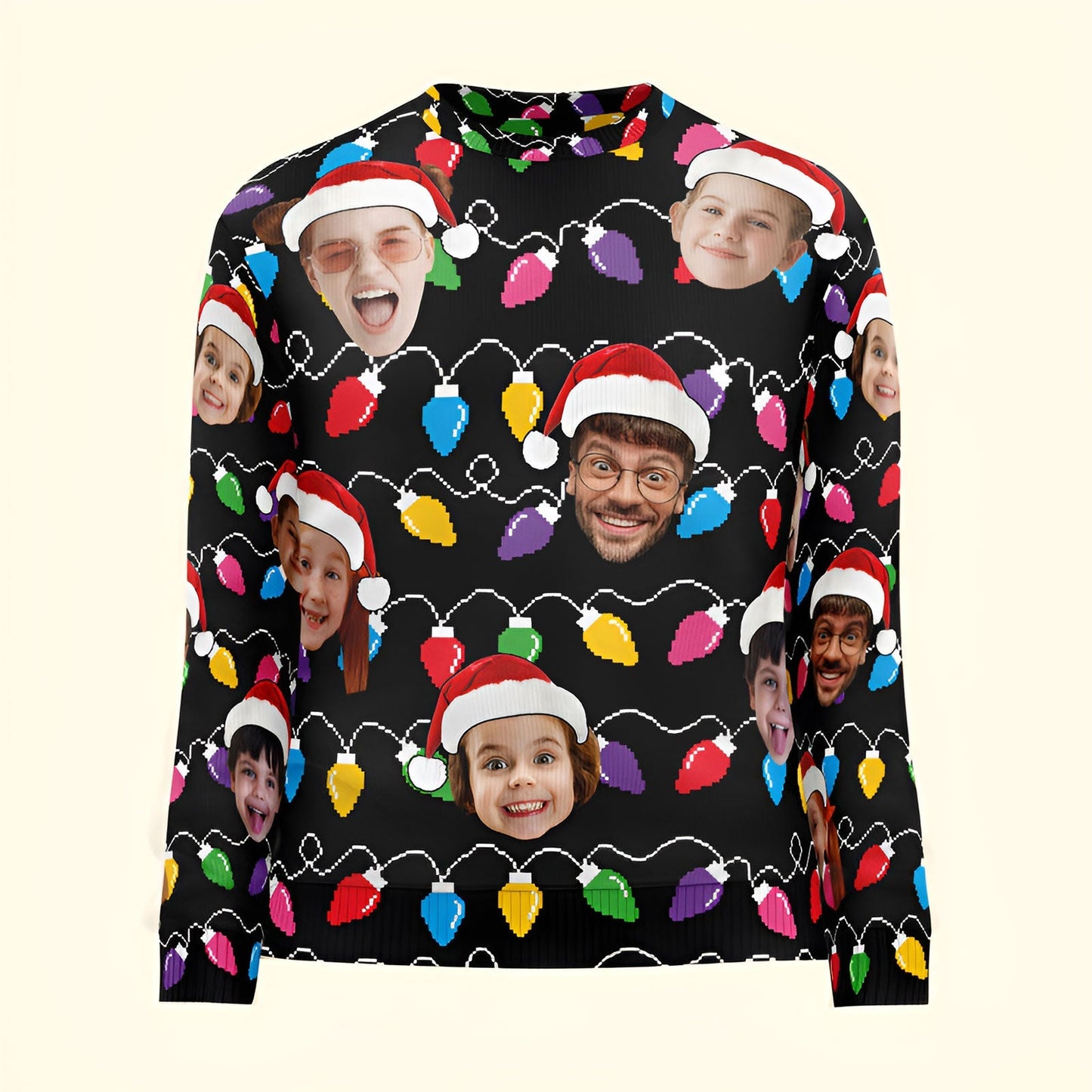 365Gifty black custom face christmas sweater with colorful Christmas lights and multiple faces wearing Santa hats