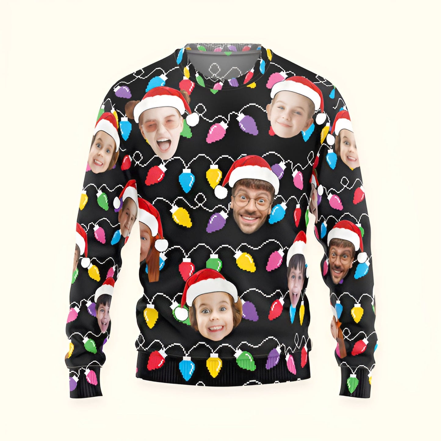 365Gifty custom face christmas sweater with colorful holiday lights and multiple faces wearing Santa hats on black background