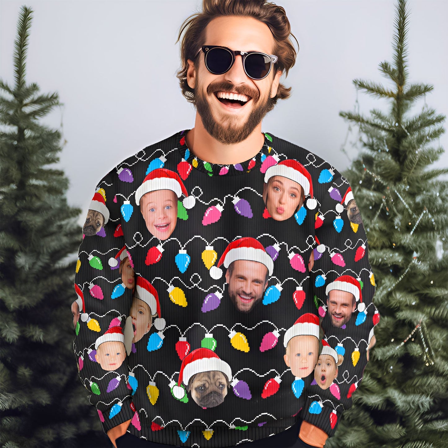 Man wearing a custom face Christmas sweater with multiple faces in Santa hats and colorful holiday lights