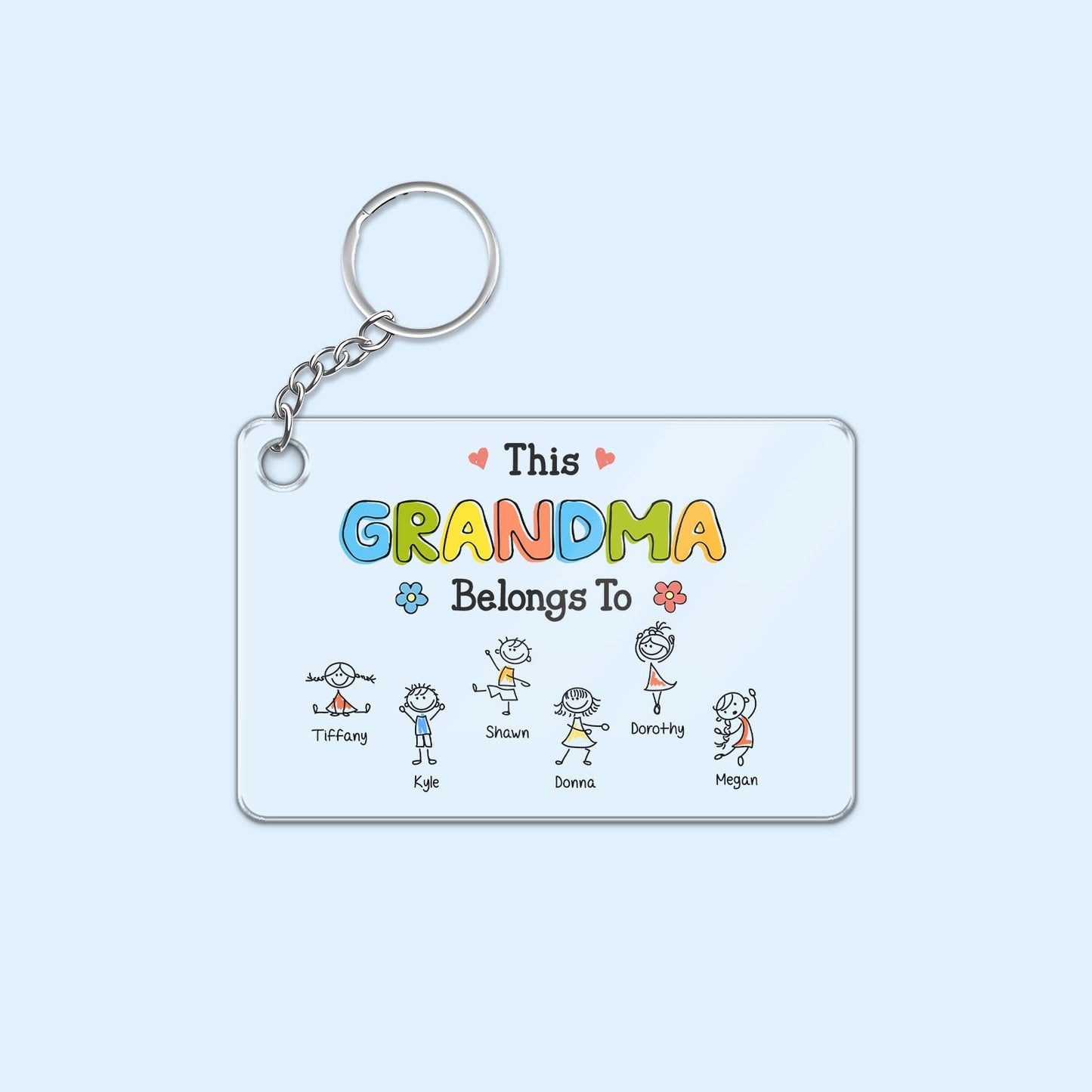 Custom family acrylic keychain featuring colorful design with names for Grandma