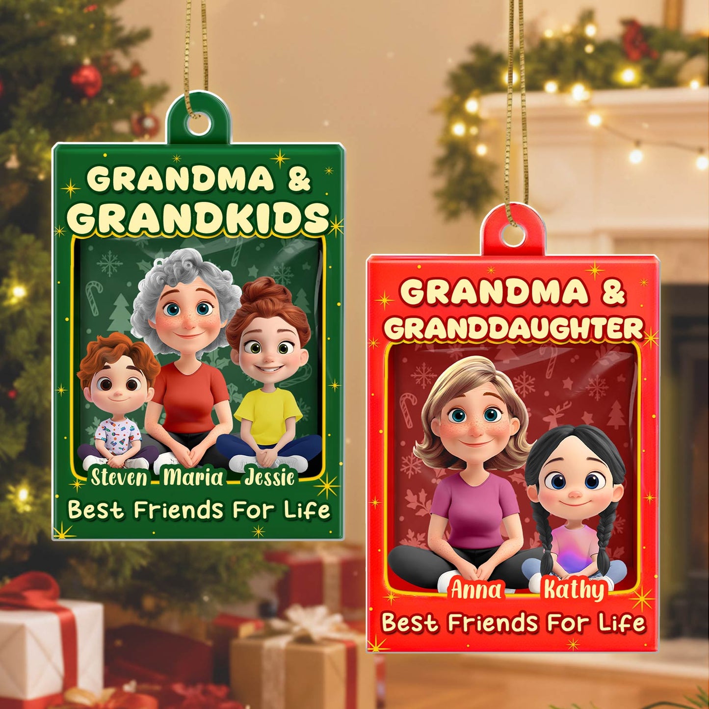 Custom family Christmas acrylic ornament featuring personalized characters and festive design