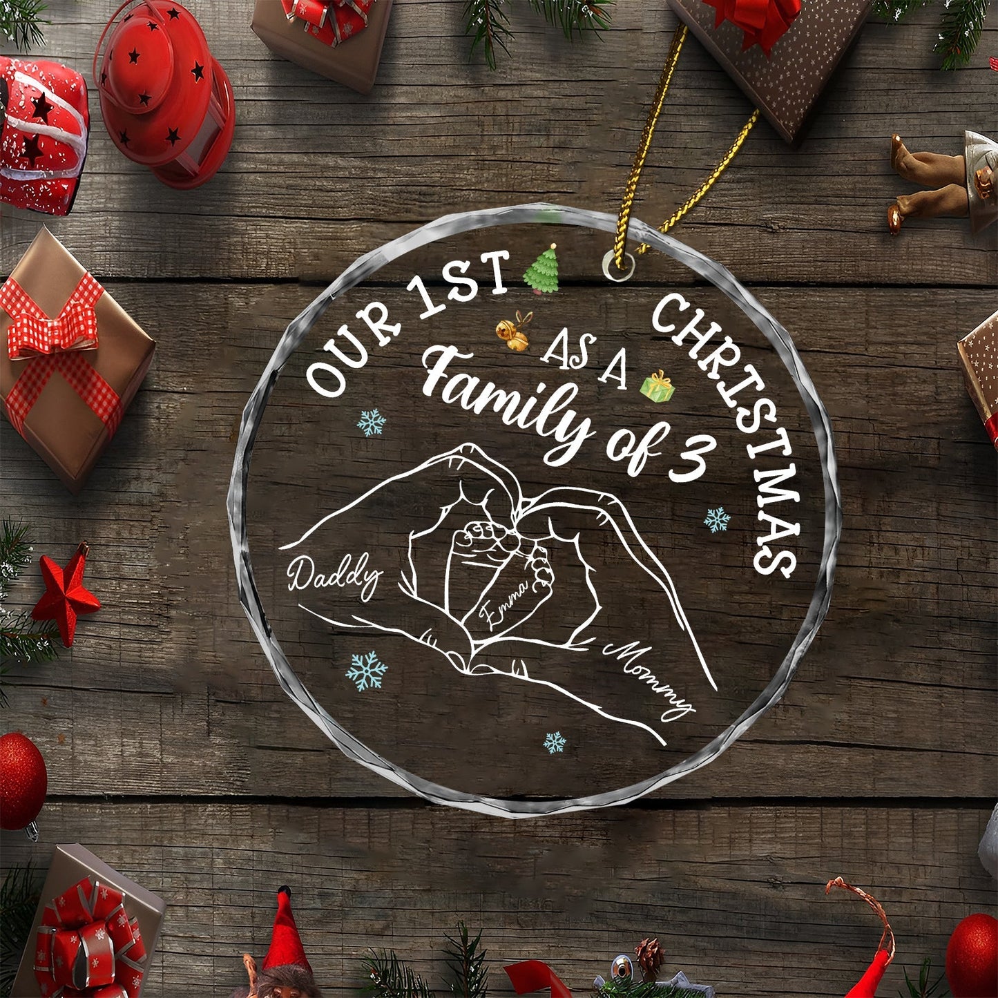 365Gifty custom family Christmas glass ornament with hands forming heart and family of three design