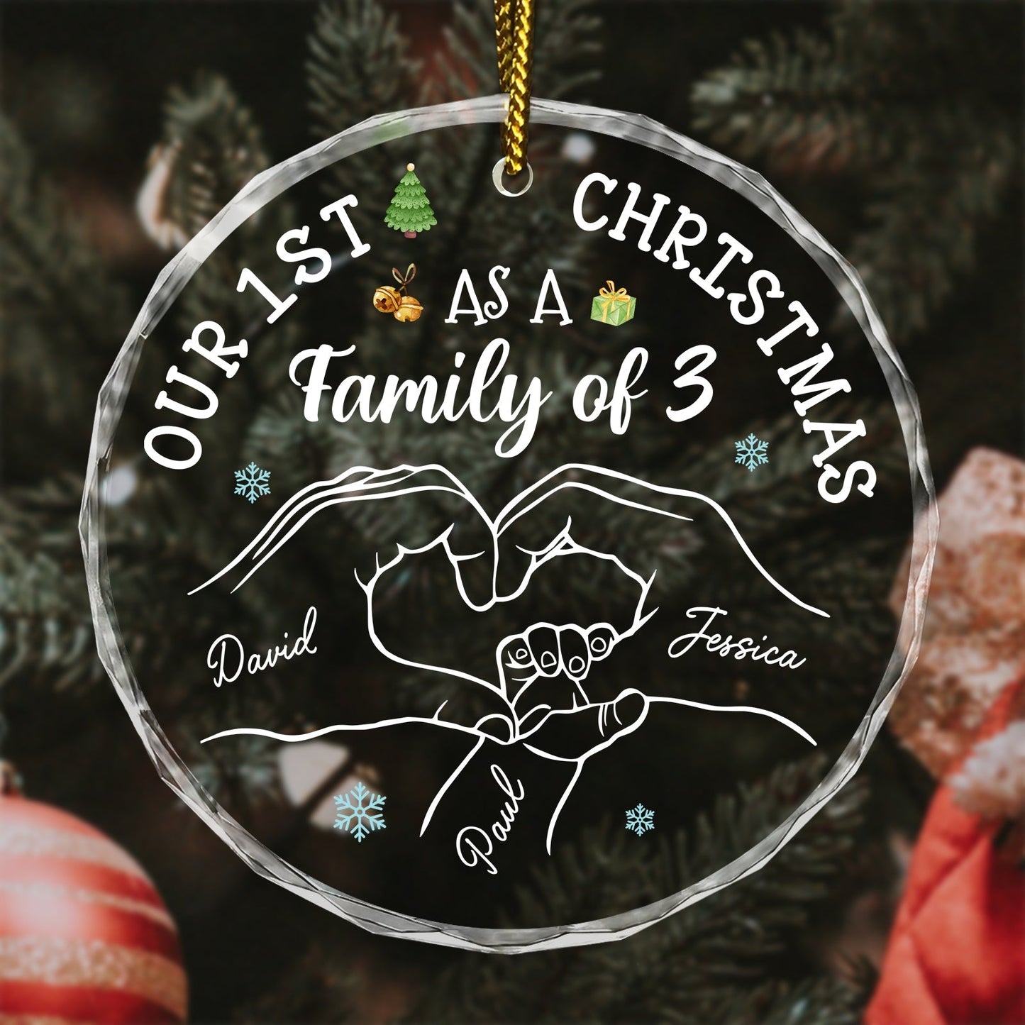 Custom family Christmas glass ornament with hand-drawn family of three and personalized names David Jessica Paul