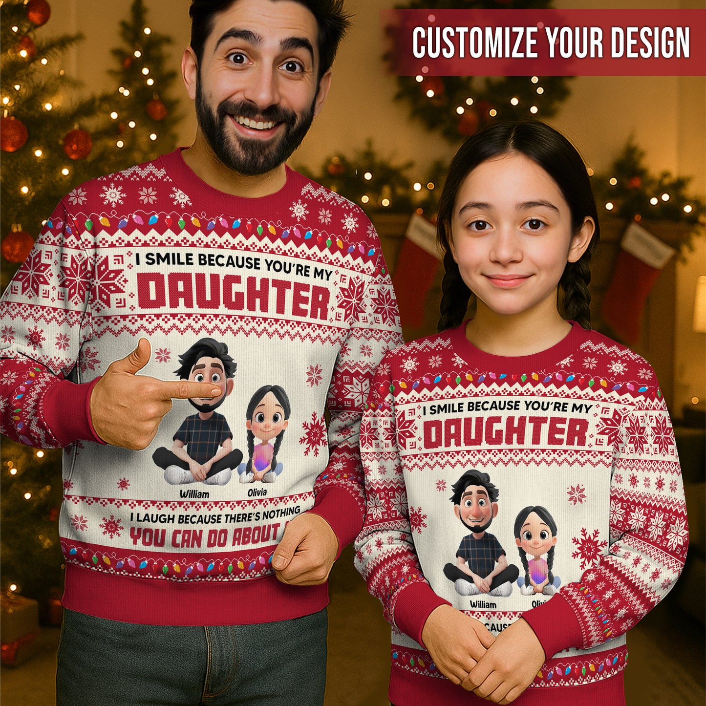 Custom father daughter holiday sweater featuring personalized design and festive colors for family celebrations