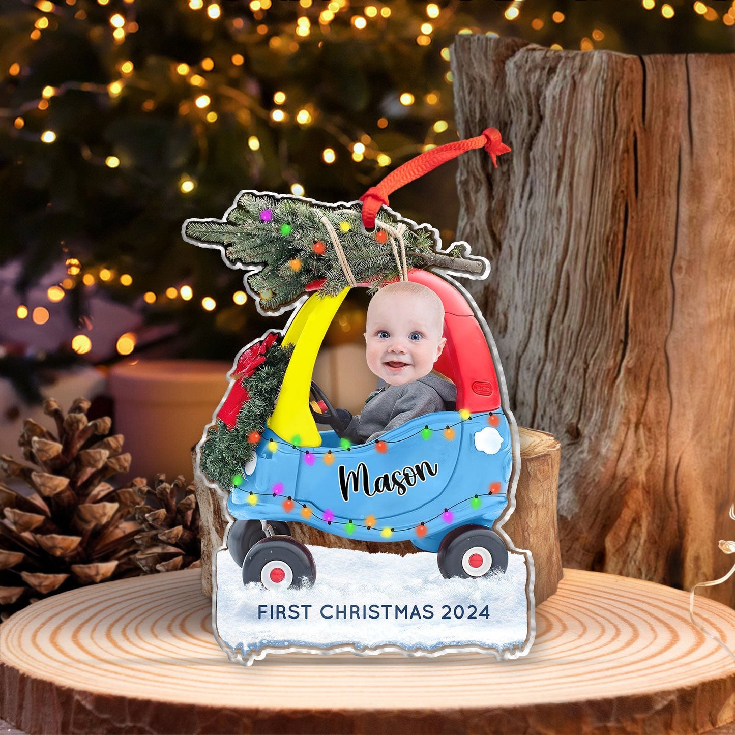 Custom first Christmas acrylic ornament featuring baby photo and name Mason in holiday car decoration