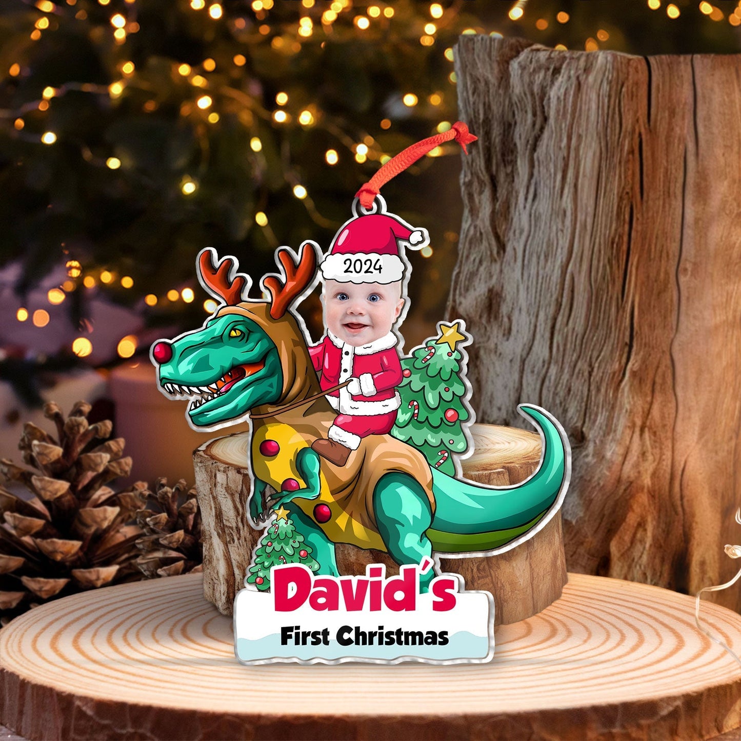 365Gifty first Christmas baby ornament custom with personalized baby photo riding dinosaur reindeer