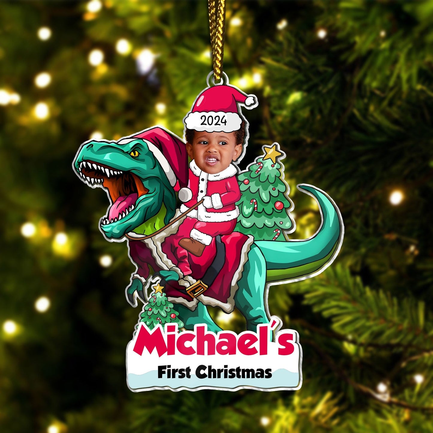 365Gifty first Christmas baby ornament custom with baby in Santa outfit riding dinosaur on Christmas tree