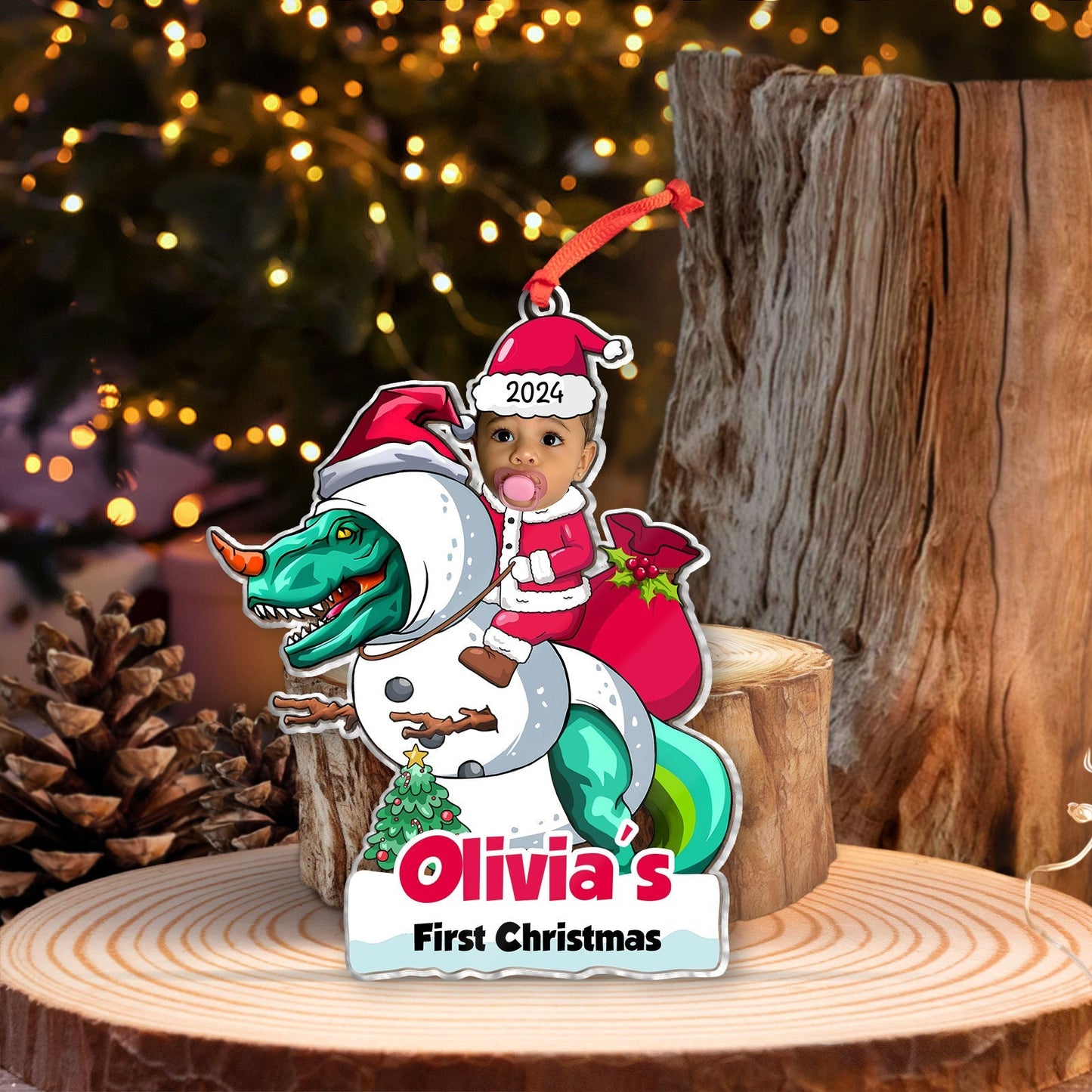365Gifty first Christmas baby ornament custom with baby photo riding a dinosaur snowman