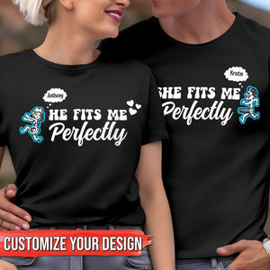 Couple wearing black custom fits me perfectly shirt with personalized names Anthony and Kristin