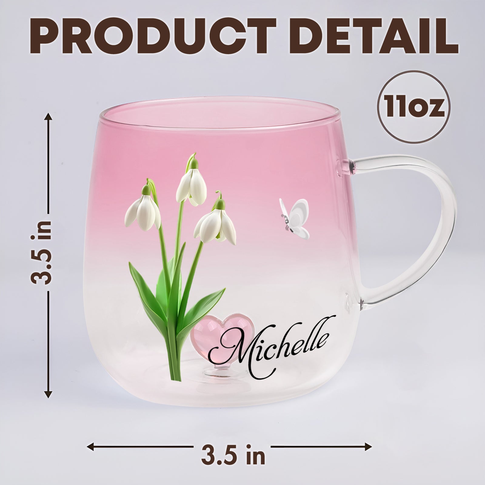 Custom floral glass mug gift featuring pink gradient, snowdrop flowers, and personalized name Michelle