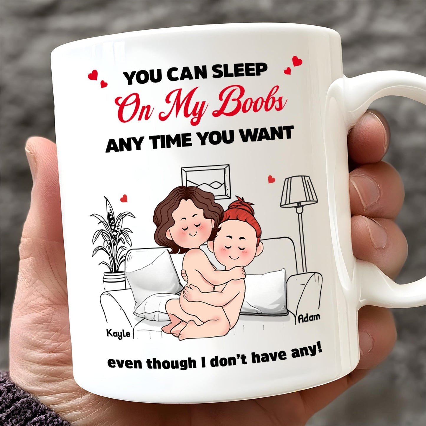 Custom funny mugs for couples featuring playful cartoon design and humorous text
