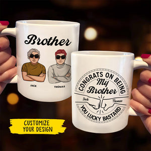 Personalized mugs featuring two characters with text congrats on being my brother gift for celebrations