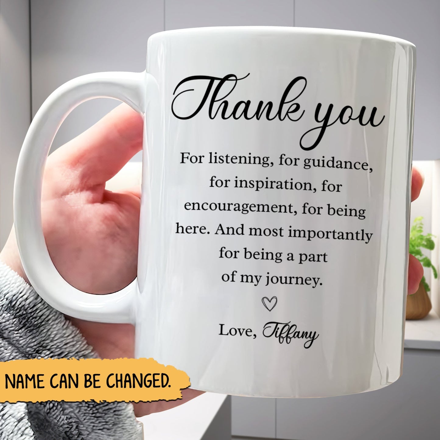 Custom gift for friends, personalized thank you mug with heartfelt message and changeable name