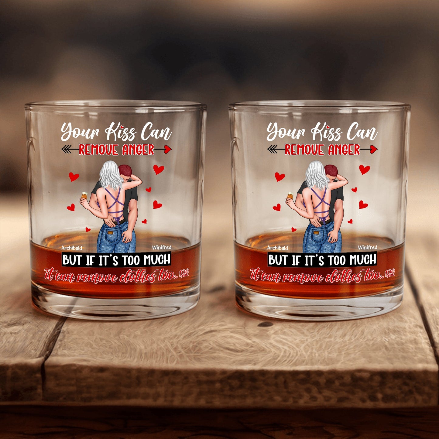 Personalized Whiskey Glass set with romantic couple design and Your Kiss Can Remove Anger text