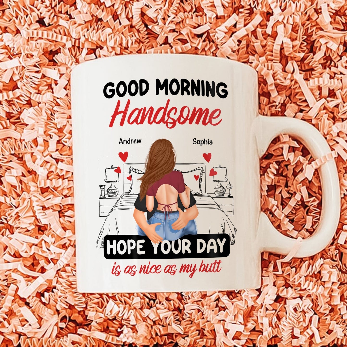 365Gifty good morning handsome mug with a couple embracing and personalized names Andrew and Sophia