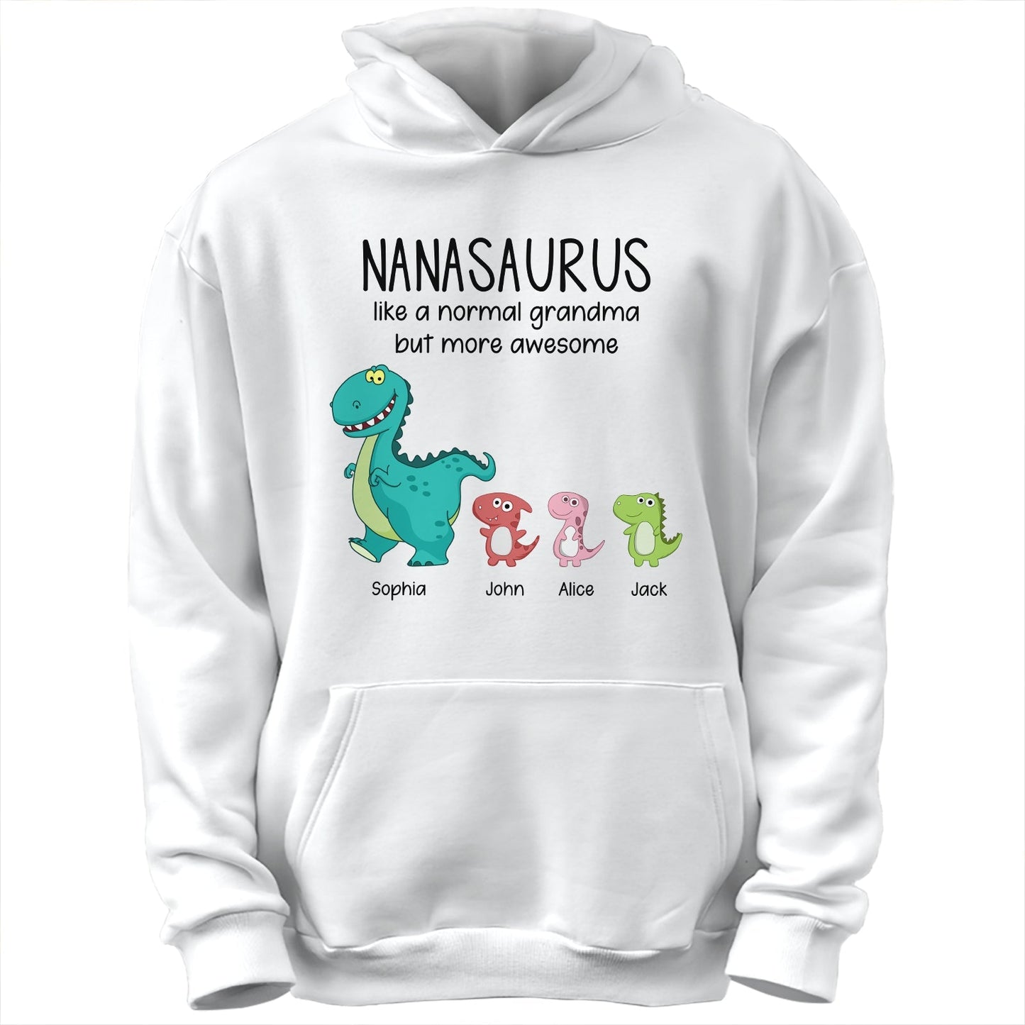 White custom grandmasaurus family shirt hoodie with colorful dinosaur characters and personalized names
