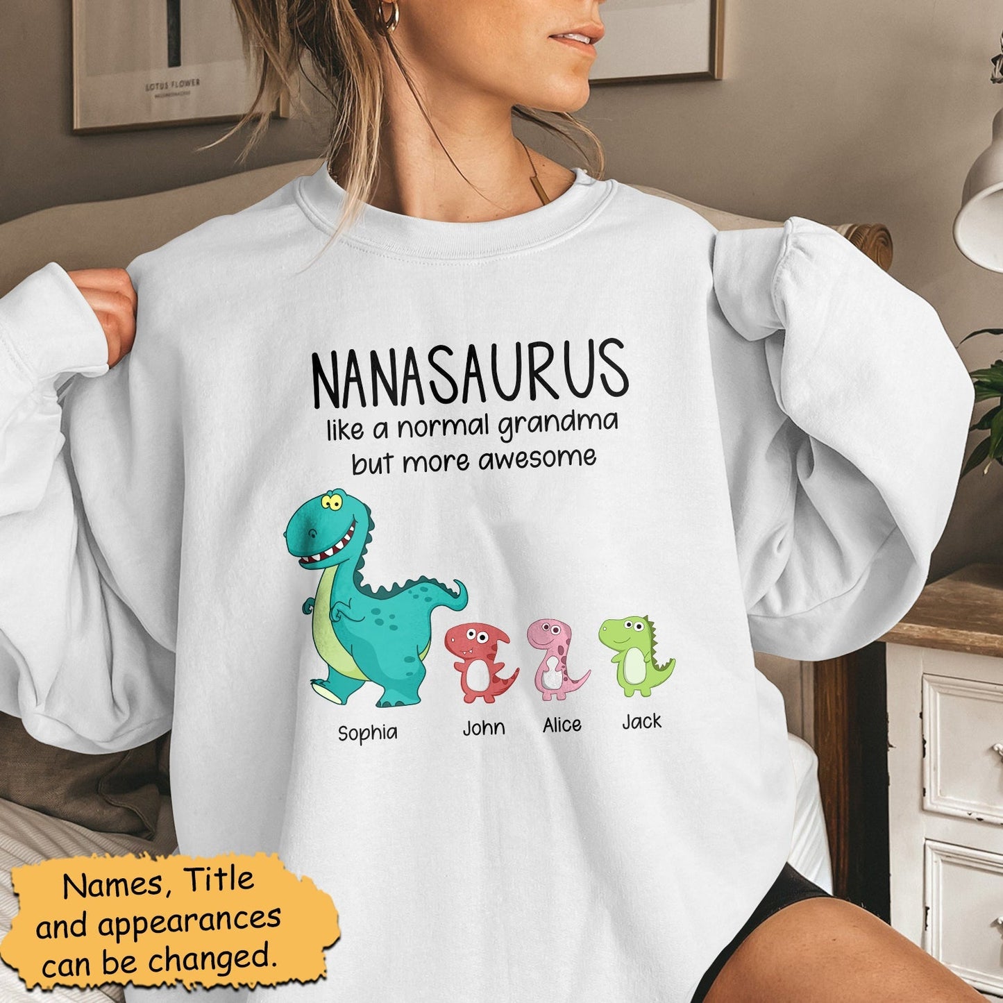 White sweatshirt featuring custom grandmasaurus family shirt design with colorful dinosaur characters and personalized names