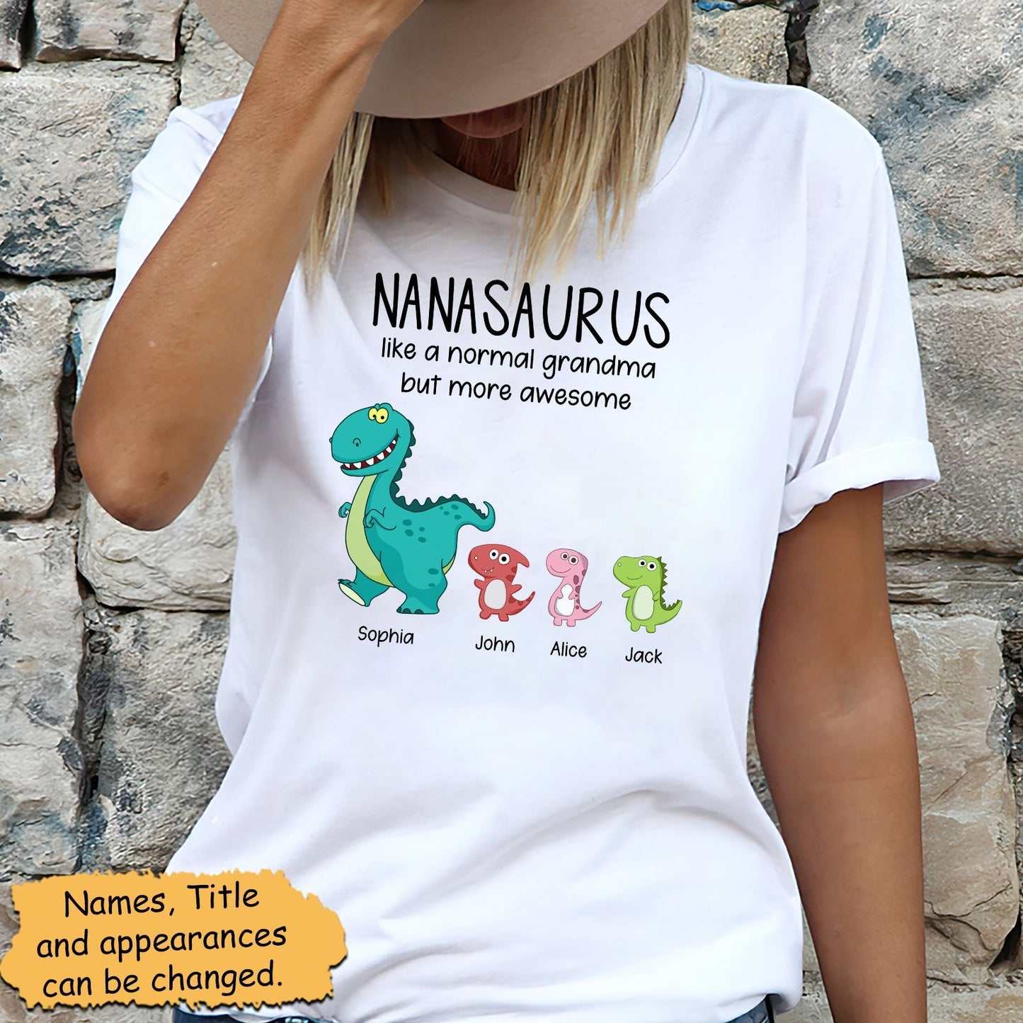 White custom grandmasaurus family shirt with colorful dinosaur characters and personalized names Sophia John Alice Jack