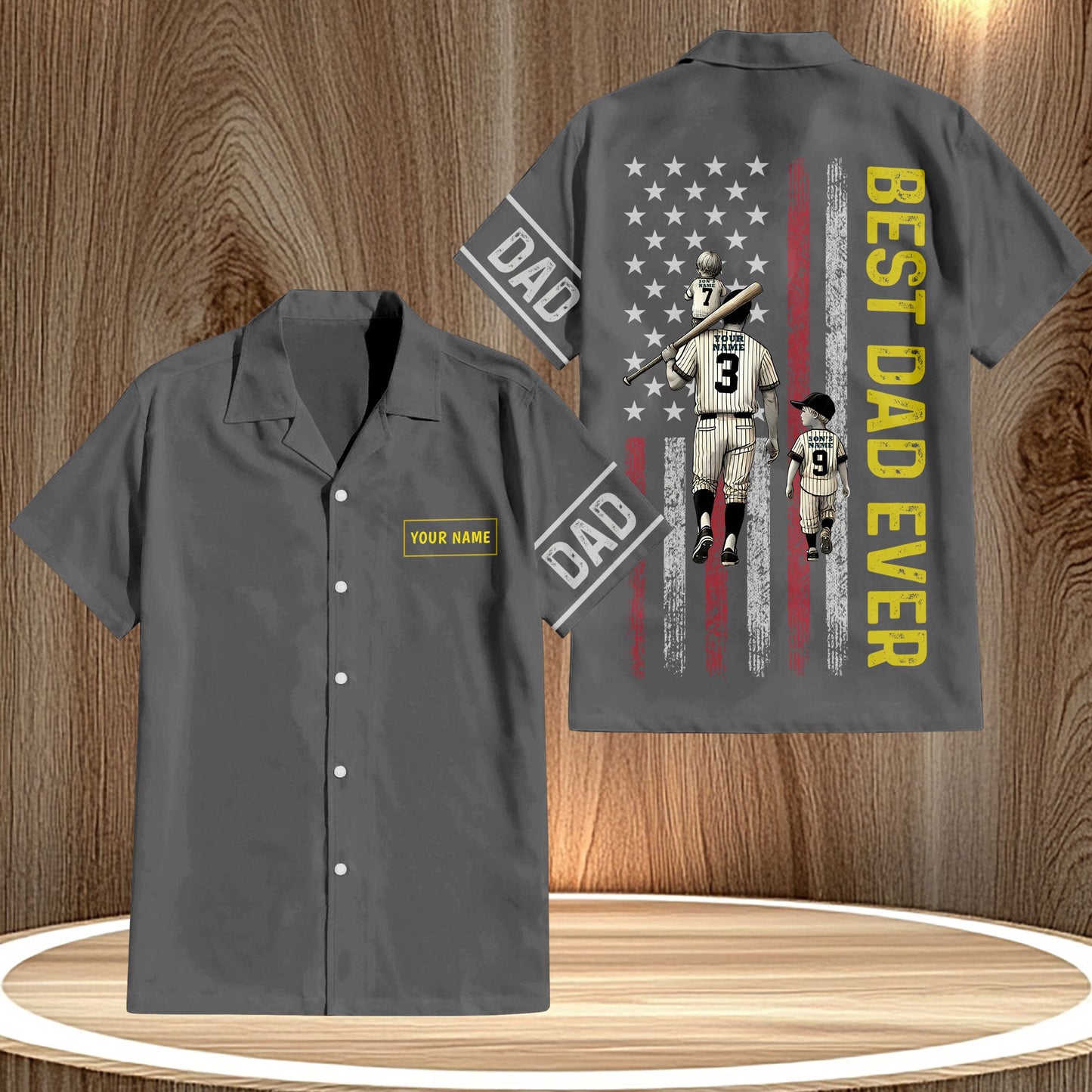 Gray custom Hawaiian shirt for dads with baseball design and Best Dad Ever print