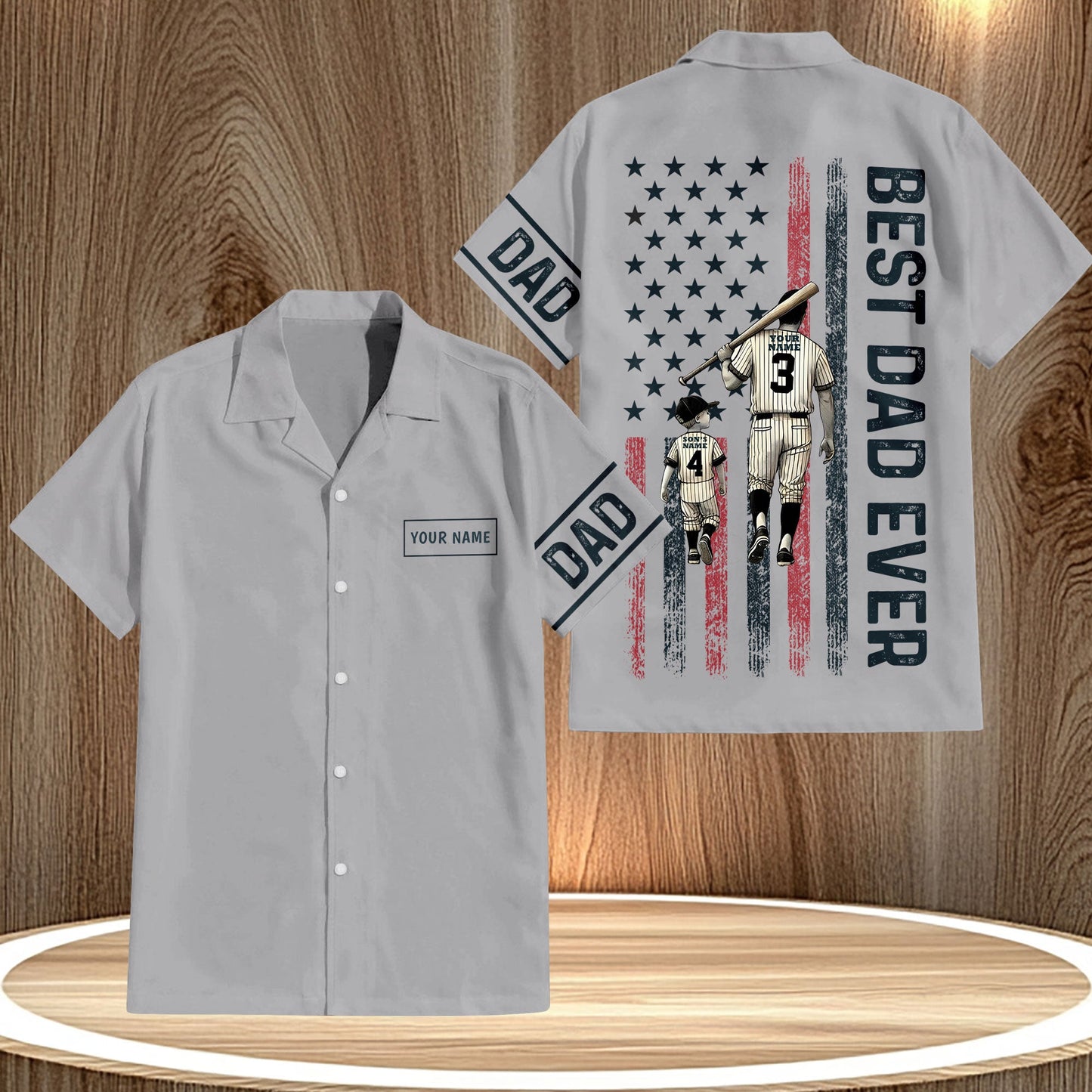 Custom Hawaiian shirt for dads with best dad ever design and baseball-themed graphic on back