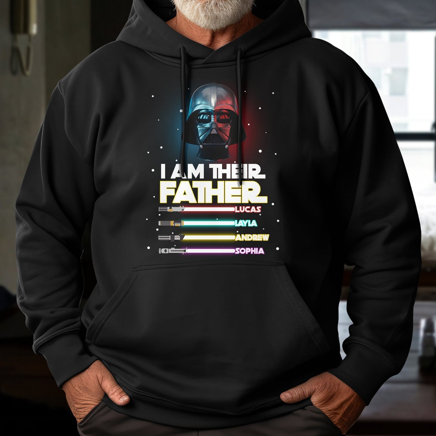 Black custom I am their father shirt with Darth Vader design and personalized names on lightsabers